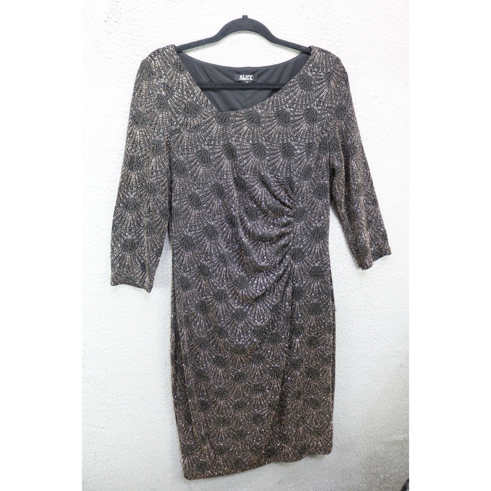 SLNY 3/4 Sleeve Gold Metallic Sparkly Midi Dress-14-Event-Holiday-Whimsigoth